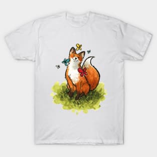 Fox with Butterlies Watercolor painting T-Shirt